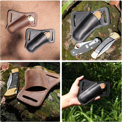 Leather Pocket Folding Knife Sheath for Belt - Cross Draw Pocket Organizer Open Top for 5 inch Folding Knife - Horizontal Carry Multitool Sheath - EDC Belt Organizer, Darkbrown