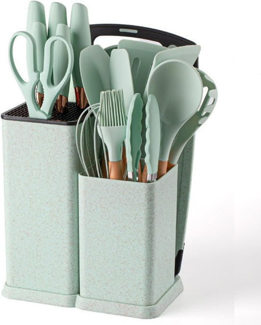 19 Piece Kitchenware Utensils and Knife Set- Includes: 9 Piece Silicone Cooking Utensils- 6 Piece Sharp Stainless Steel Chef Knives- Scissors -Whisk Tongs and Cutting Board