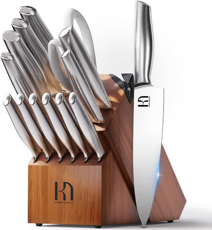 KnifeSaga 14 Pcs Knife Block Set, Premium, Razor Sharp, Japanese Steel