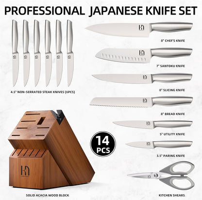 KnifeSaga 14 Pcs Knife Block Set, Premium, Razor Sharp, Japanese Steel