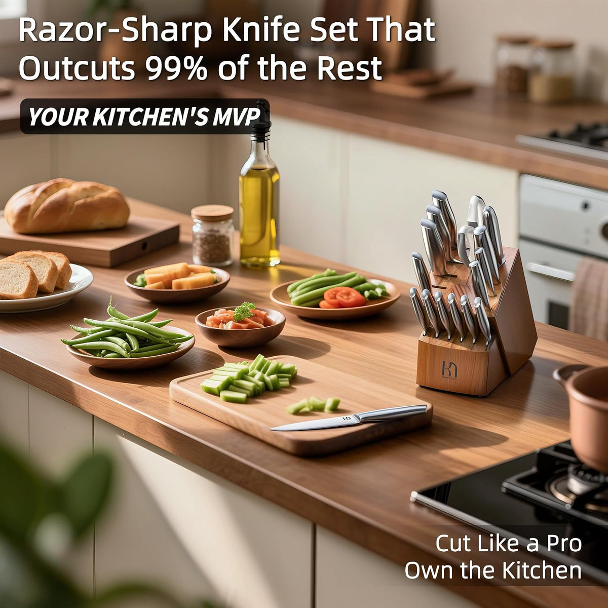 KnifeSaga 14 Pcs Knife Block Set, Premium, Razor Sharp, Japanese Steel