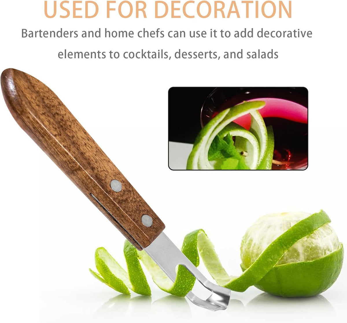 Channel Knife with Wooden Handle for Fruit and Vegetable, Tool for Decorating Cocktails, Desserts, and Salads