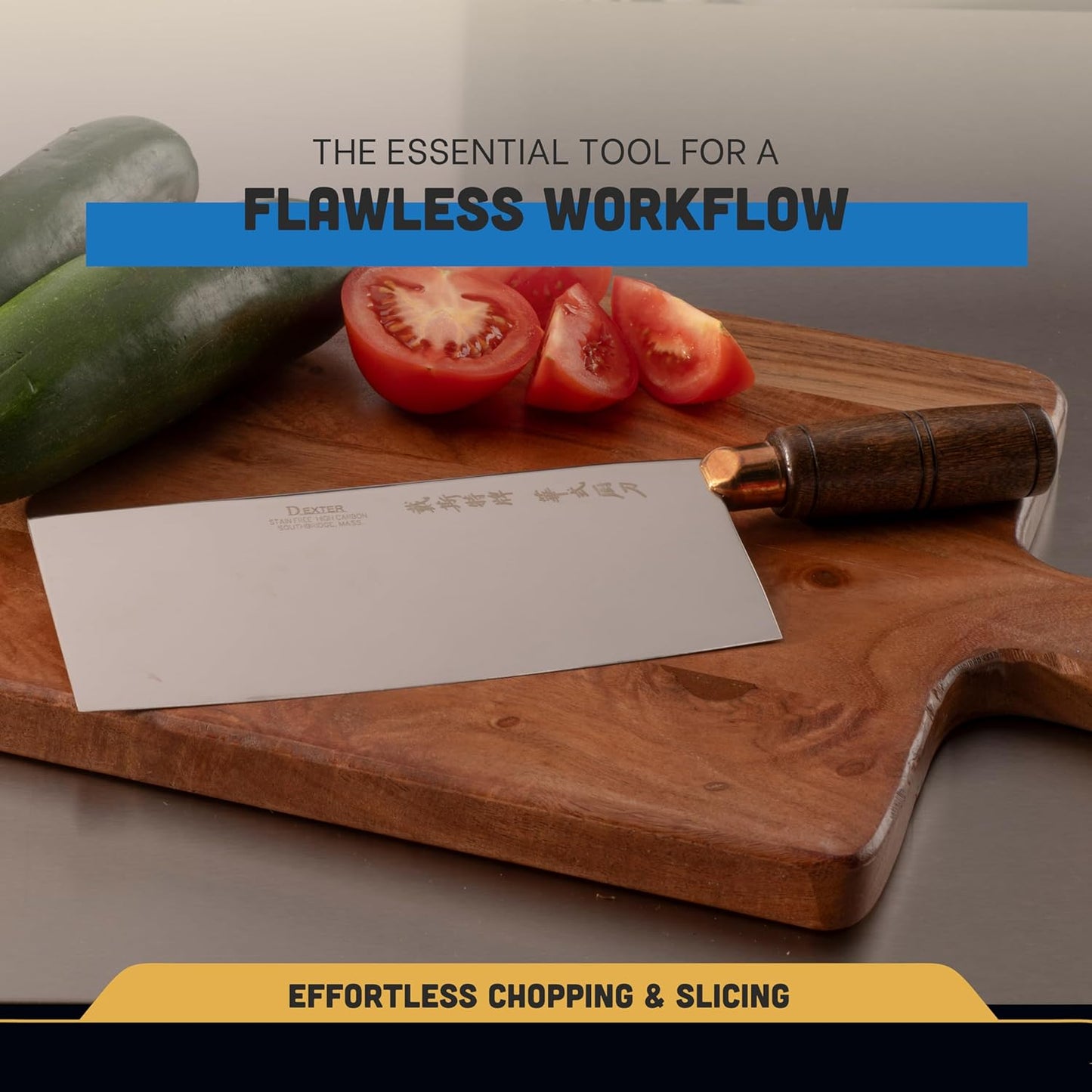 8110 Traditional Chinese Chef’s Knife, 8" x 3-1/4", High-Carbon Steel Blade, Rosewood Handle, Individually Ground Edge, Brass Ferrule, Lightweight, Made in USA