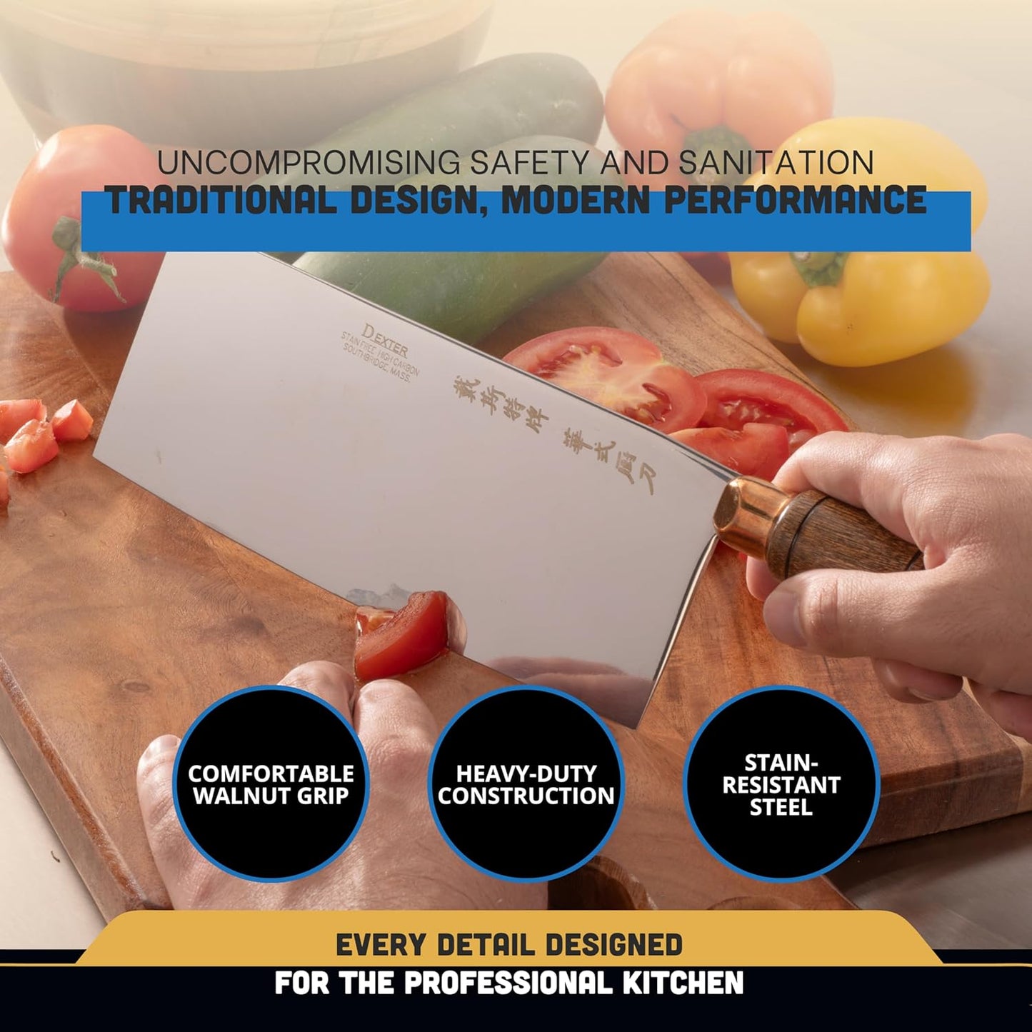 8110 Traditional Chinese Chef’s Knife, 8" x 3-1/4", High-Carbon Steel Blade, Rosewood Handle, Individually Ground Edge, Brass Ferrule, Lightweight, Made in USA