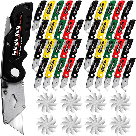 40 Pcs Folding Utility Knives Bulk with 80 Replacement Blades Heavy Duty Box Cutter with Safety Lock Folding Utility Razor Knives Retractable Mechanism Paper Cutter, Multicolor