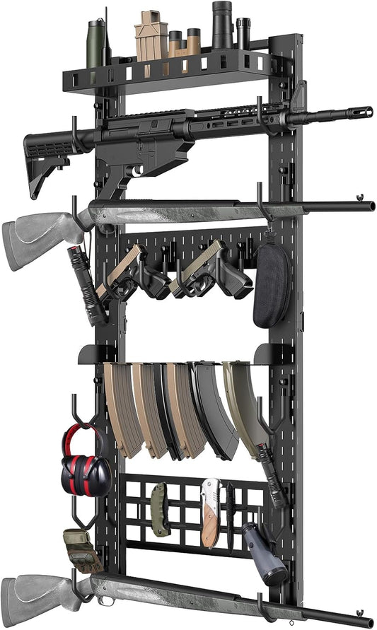 Gun Rack for Wall, Indoor Gun Rack Wall Mount with Shelf & Accessory Panel, Horizontal Heavy-Duty Gun Display Holder for Rifle/Shotgun, Gear Wall Mounted