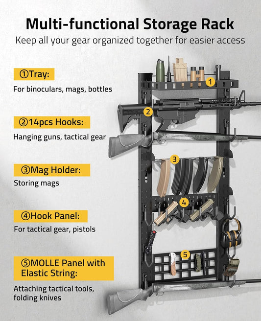 Gun Rack for Wall, Indoor Gun Rack Wall Mount with Shelf & Accessory Panel, Horizontal Heavy-Duty Gun Display Holder for Rifle/Shotgun, Gear Wall Mounted
