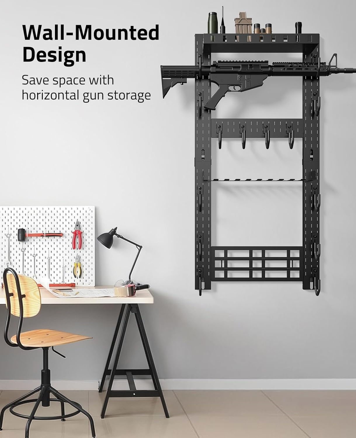 Gun Rack for Wall, Indoor Gun Rack Wall Mount with Shelf & Accessory Panel, Horizontal Heavy-Duty Gun Display Holder for Rifle/Shotgun, Gear Wall Mounted
