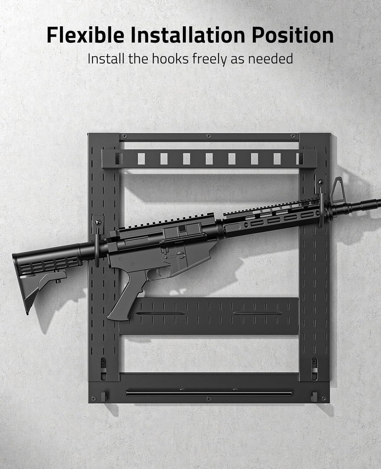 Gun Rack for Wall, Indoor Gun Rack Wall Mount with Shelf & Accessory Panel, Horizontal Heavy-Duty Gun Display Holder for Rifle/Shotgun, Gear Wall Mounted