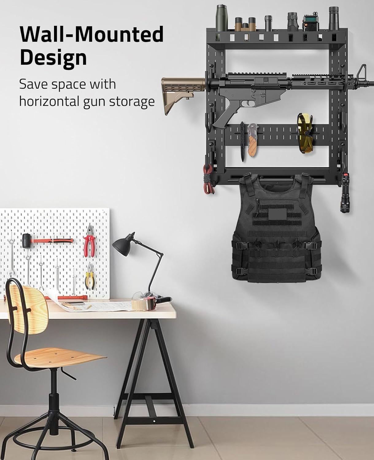 Gun Rack for Wall, Indoor Gun Rack Wall Mount with Shelf & Accessory Panel, Horizontal Heavy-Duty Gun Display Holder for Rifle/Shotgun, Gear Wall Mounted