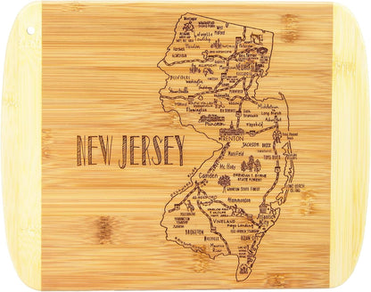 A Slice of Life New Jersey Engraved Map Cutting Board | 11” x 8.75” charcuterie board with engraved state map artwork. Smooth reverse side for food prep. Hang tie for wall display. - Colors B