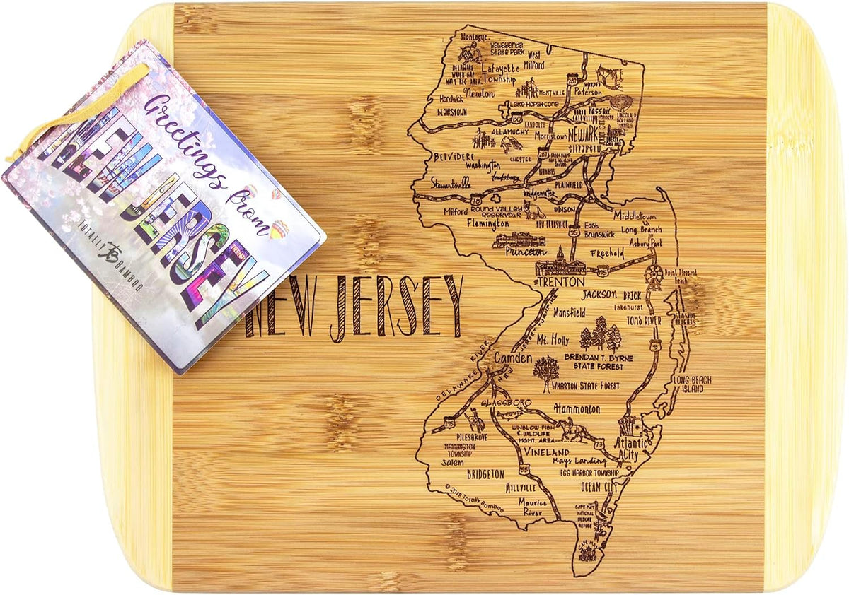 A Slice of Life New Jersey Engraved Map Cutting Board | 11” x 8.75” charcuterie board with engraved state map artwork. Smooth reverse side for food prep. Hang tie for wall display. - Colors B
