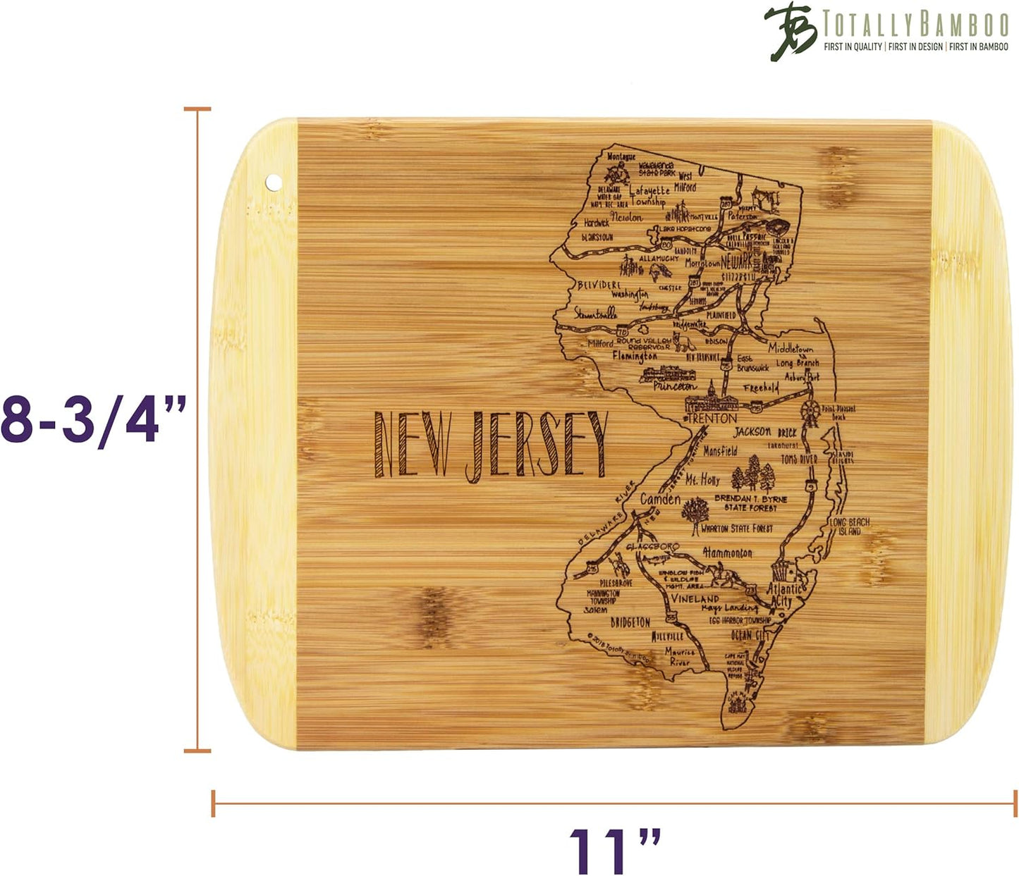 A Slice of Life New Jersey Engraved Map Cutting Board | 11” x 8.75” charcuterie board with engraved state map artwork. Smooth reverse side for food prep. Hang tie for wall display. - Colors B
