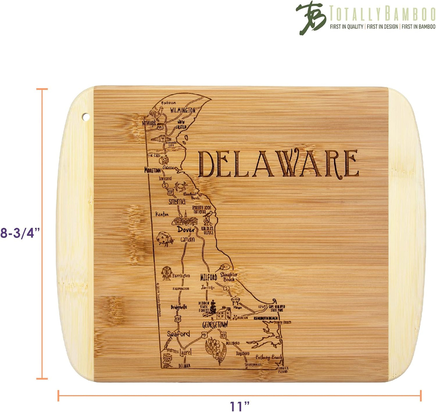 A Slice of Life New Jersey Engraved Map Cutting Board | 11” x 8.75” charcuterie board with engraved state map artwork. Smooth reverse side for food prep. Hang tie for wall display. - Colors B