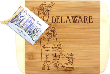 A Slice of Life New Jersey Engraved Map Cutting Board | 11” x 8.75” charcuterie board with engraved state map artwork. Smooth reverse side for food prep. Hang tie for wall display. - Colors B