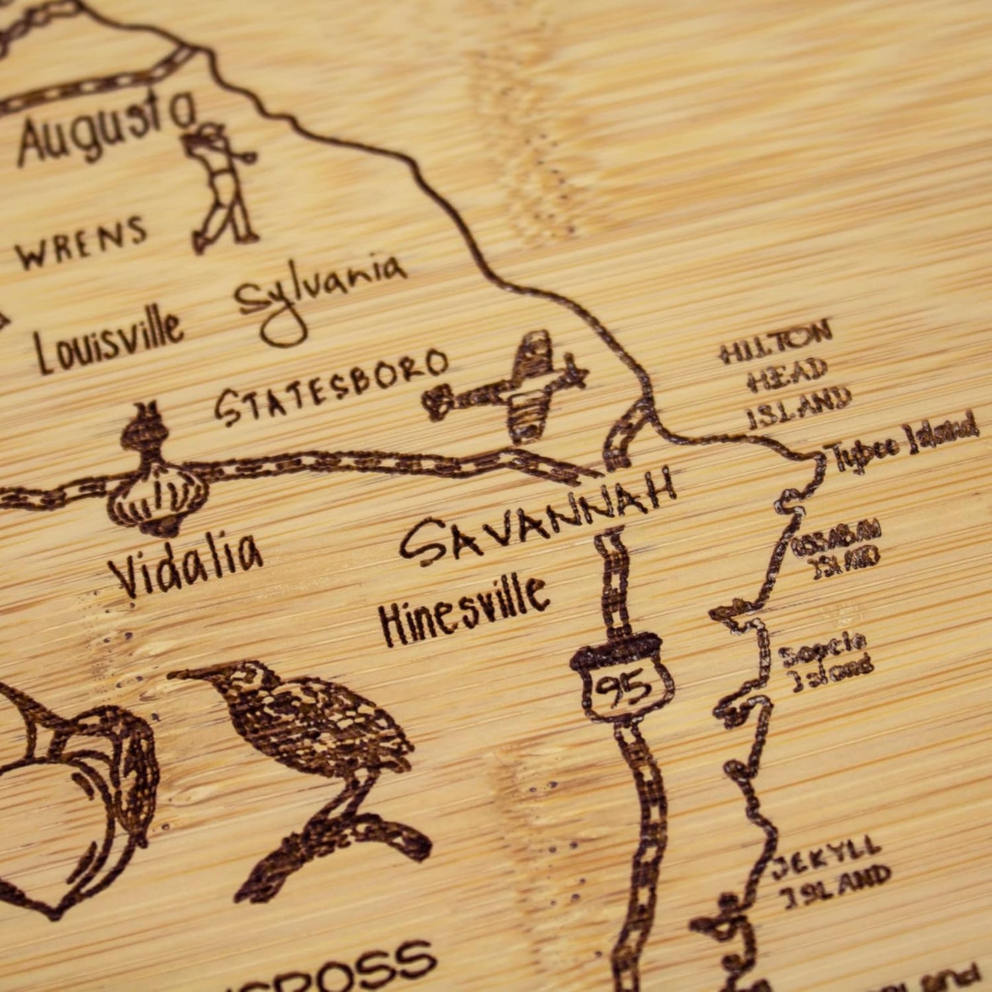 A Slice of Life New Jersey Engraved Map Cutting Board | 11” x 8.75” charcuterie board with engraved state map artwork. Smooth reverse side for food prep. Hang tie for wall display. - Colors B