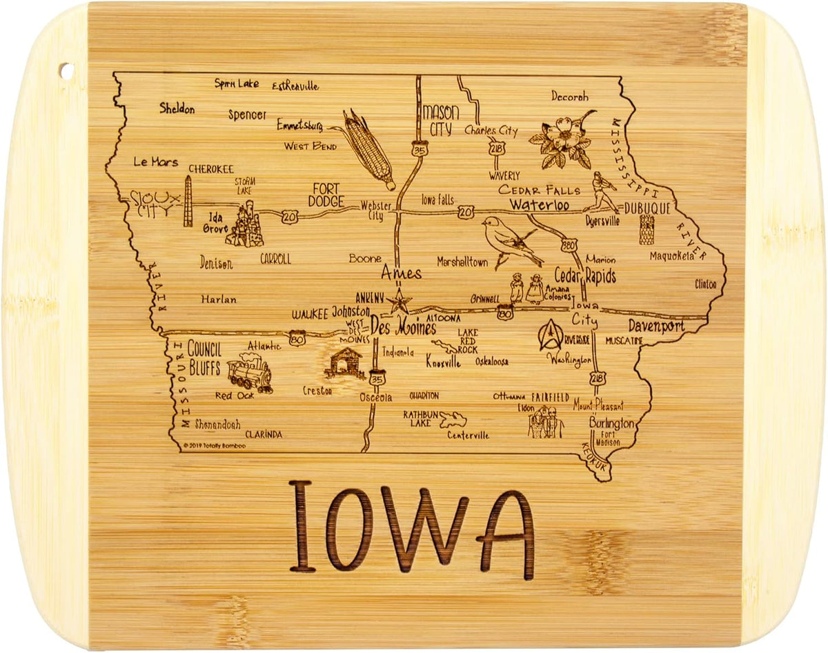 A Slice of Life New Jersey Engraved Map Cutting Board | 11” x 8.75” charcuterie board with engraved state map artwork. Smooth reverse side for food prep. Hang tie for wall display. - Colors B