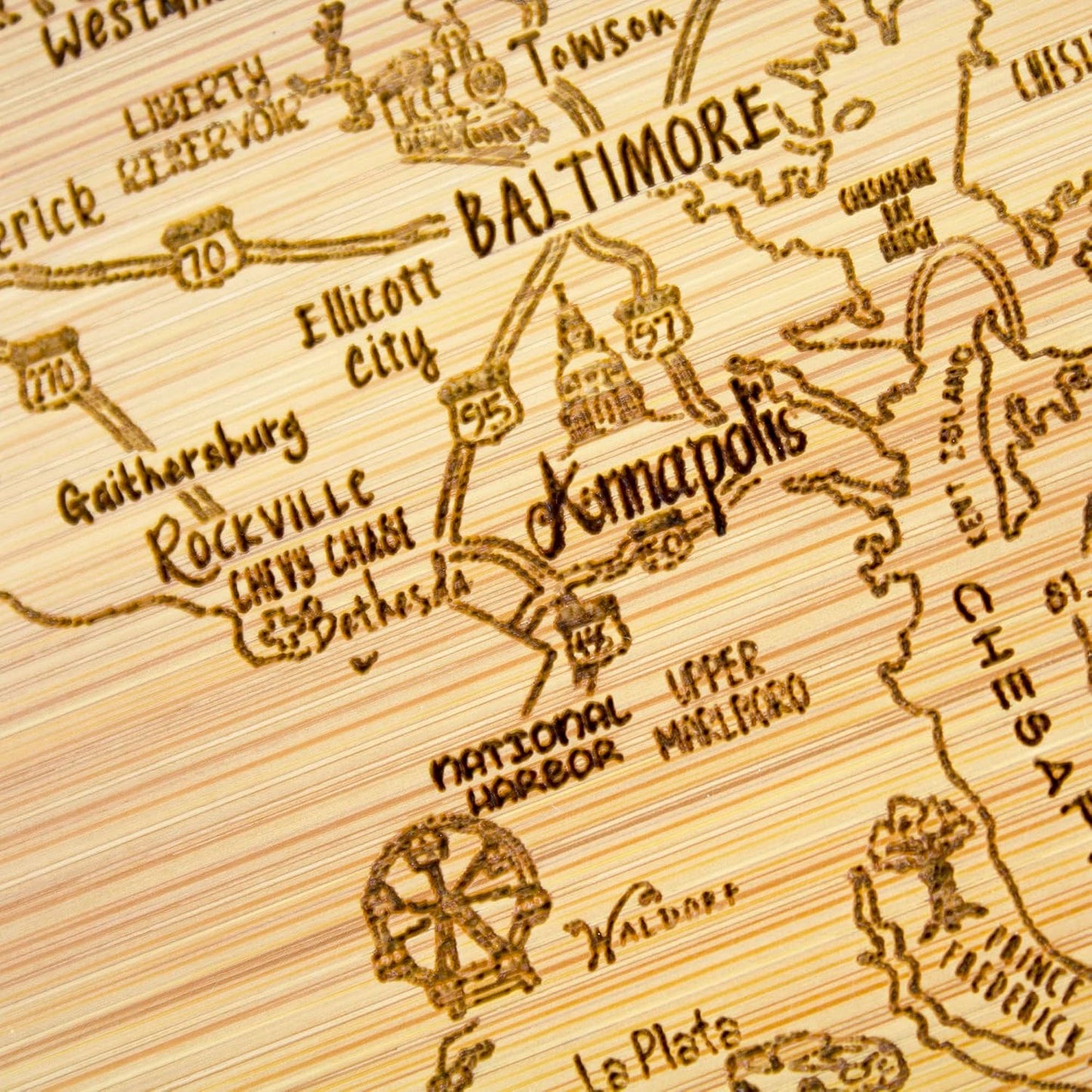 A Slice of Life New Jersey Engraved Map Cutting Board | 11” x 8.75” charcuterie board with engraved state map artwork. Smooth reverse side for food prep. Hang tie for wall display. - Colors B