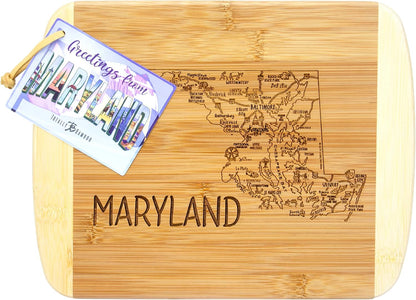 A Slice of Life New Jersey Engraved Map Cutting Board | 11” x 8.75” charcuterie board with engraved state map artwork. Smooth reverse side for food prep. Hang tie for wall display. - Colors B
