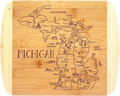 A Slice of Life New Jersey Engraved Map Cutting Board | 11” x 8.75” charcuterie board with engraved state map artwork. Smooth reverse side for food prep. Hang tie for wall display. - Colors B