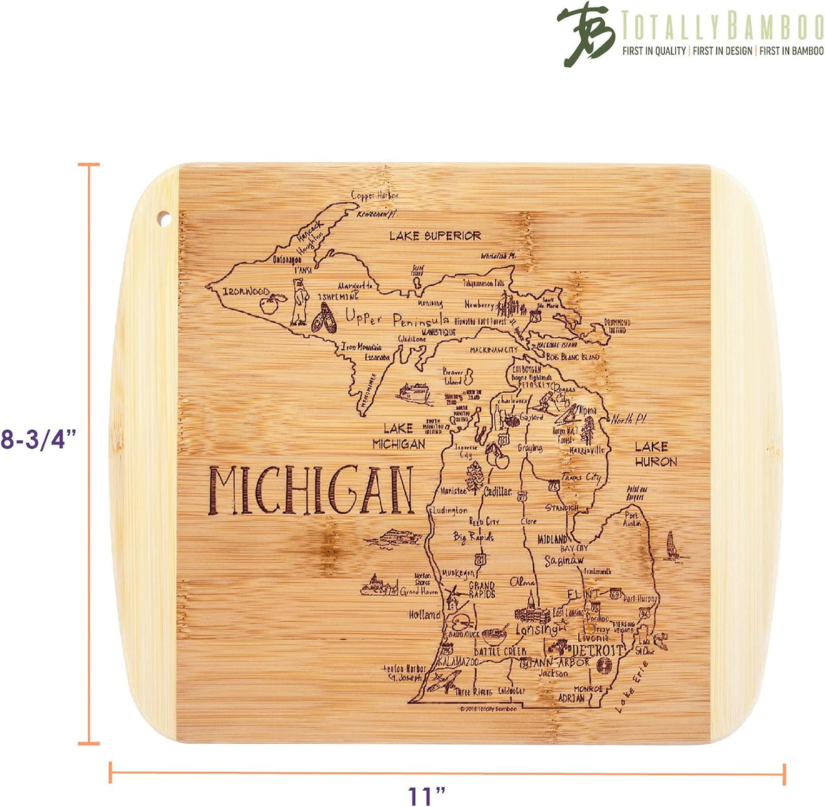 A Slice of Life New Jersey Engraved Map Cutting Board | 11” x 8.75” charcuterie board with engraved state map artwork. Smooth reverse side for food prep. Hang tie for wall display. - Colors B