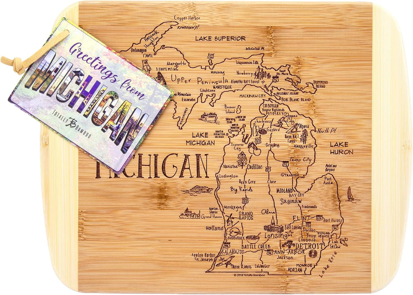 A Slice of Life New Jersey Engraved Map Cutting Board | 11” x 8.75” charcuterie board with engraved state map artwork. Smooth reverse side for food prep. Hang tie for wall display. - Colors B