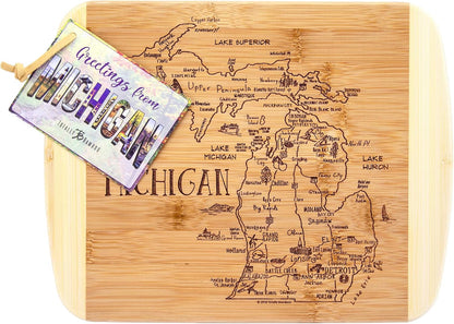A Slice of Life New Jersey Engraved Map Cutting Board | 11” x 8.75” charcuterie board with engraved state map artwork. Smooth reverse side for food prep. Hang tie for wall display. - Colors B
