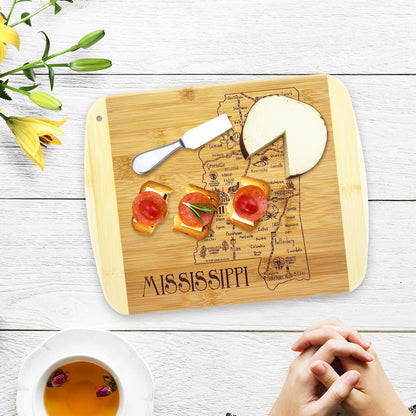 A Slice of Life New Jersey Engraved Map Cutting Board | 11” x 8.75” charcuterie board with engraved state map artwork. Smooth reverse side for food prep. Hang tie for wall display. - Colors B
