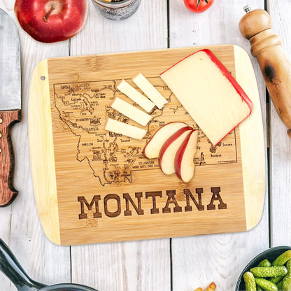 A Slice of Life New Jersey Engraved Map Cutting Board | 11” x 8.75” charcuterie board with engraved state map artwork. Smooth reverse side for food prep. Hang tie for wall display. - Colors B
