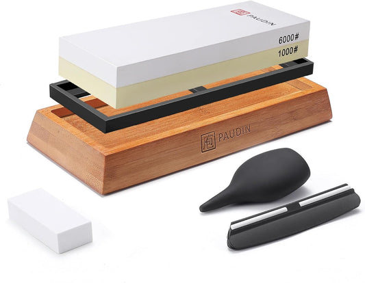 Premium Whetstone Knife Sharpener Stone Kit 1000/6000 Grit - Japanese Waterstone Sharpening Stones for Knives with Flattening Stone, Bamboo Base, NonSlip Base, Angle Guide & Water absorber