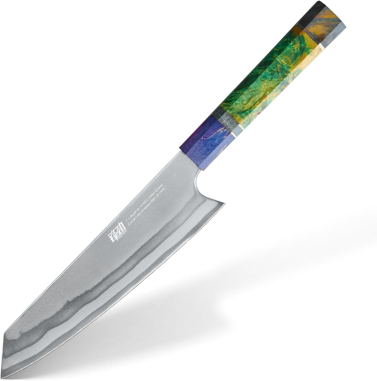 8 Inch Kiritsuke Chef Knife, Japanese-Style Kitchen Knife with 7-Layer 440C Clad Steel Blade, Colorful Stabilized Wood Octagonal Handle, Versatile for Slicing, Chopping, Dicing and Meal Prep