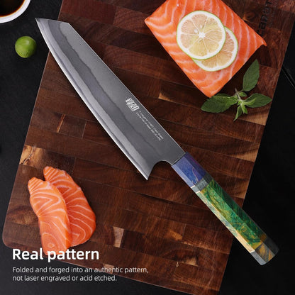 8 Inch Kiritsuke Chef Knife, Japanese-Style Kitchen Knife with 7-Layer 440C Clad Steel Blade, Colorful Stabilized Wood Octagonal Handle, Versatile for Slicing, Chopping, Dicing and Meal Prep