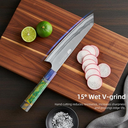 8 Inch Kiritsuke Chef Knife, Japanese-Style Kitchen Knife with 7-Layer 440C Clad Steel Blade, Colorful Stabilized Wood Octagonal Handle, Versatile for Slicing, Chopping, Dicing and Meal Prep