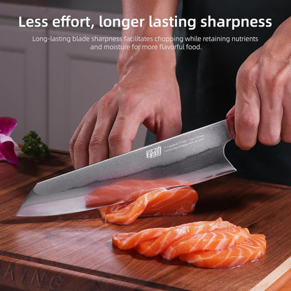 8 Inch Kiritsuke Chef Knife, Japanese-Style Kitchen Knife with 7-Layer 440C Clad Steel Blade, Colorful Stabilized Wood Octagonal Handle, Versatile for Slicing, Chopping, Dicing and Meal Prep
