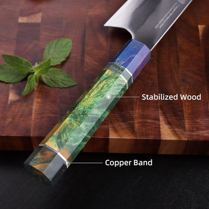 8 Inch Kiritsuke Chef Knife, Japanese-Style Kitchen Knife with 7-Layer 440C Clad Steel Blade, Colorful Stabilized Wood Octagonal Handle, Versatile for Slicing, Chopping, Dicing and Meal Prep