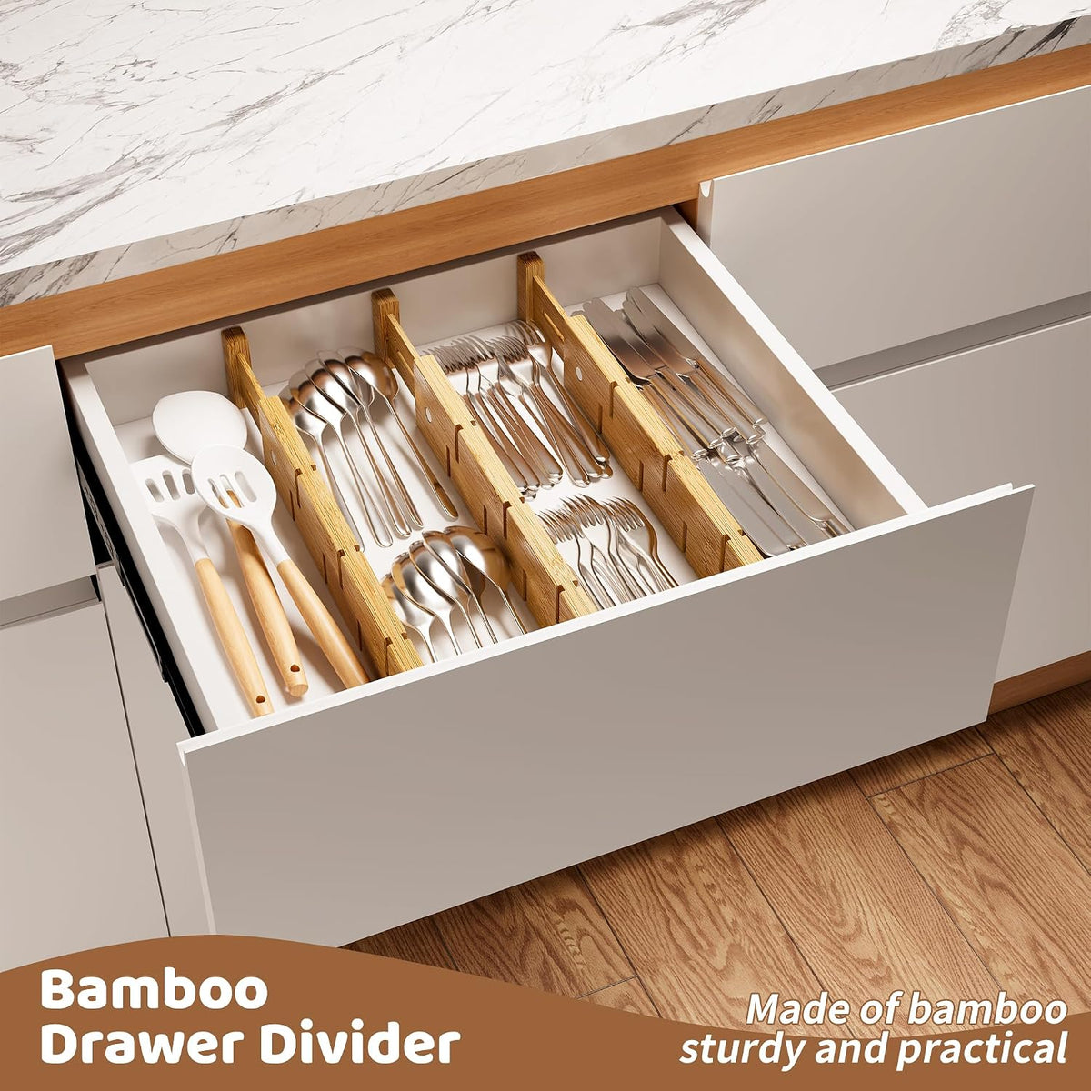 Bamboo Drawer Dividers with Inserts kitchen drawer organizer Adjustable Expandable 8 Pack Organizer Set for Kitchen Bedroom Bathroom Office 8 Dividers with 16 Inserts (Natural, Large (18-22.5IN))