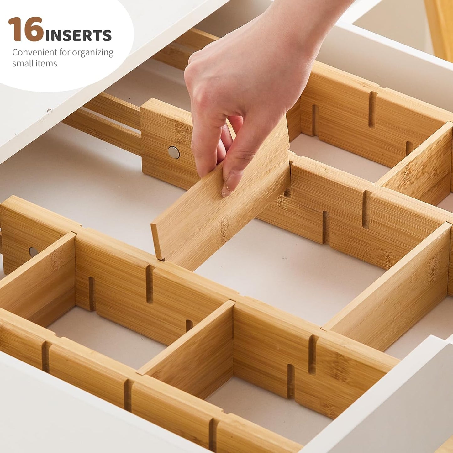 Bamboo Drawer Dividers with Inserts kitchen drawer organizer Adjustable Expandable 8 Pack Organizer Set for Kitchen Bedroom Bathroom Office 8 Dividers with 16 Inserts (Natural, Large (18-22.5IN))