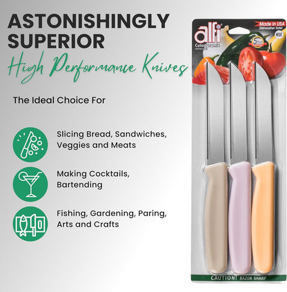 All-Purpose Knives Aerospace Precision Pointed Tip - Home And Kitchen Supplies - Serrated Steak Knives Set | Made in USA (Multicolor)