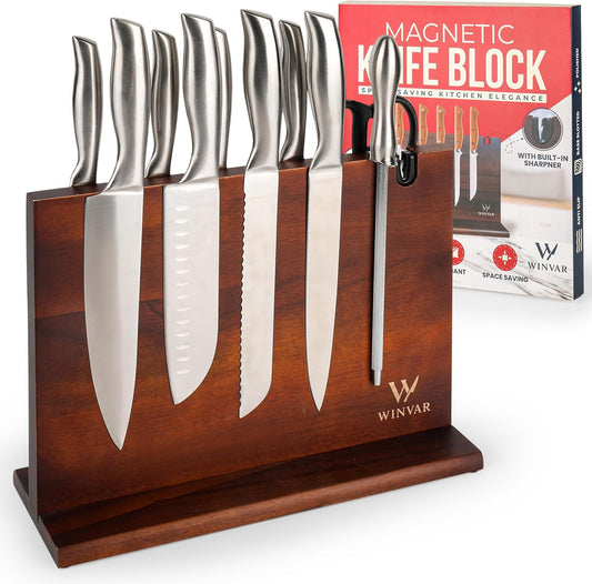 Acacia Wood Magnetic Knife Block with Sharpener — 14 x 10 in Double Sided Magnetic Knife Holder with Built-In Sharpener — Warm Wood Countertop Knife Display Stand for Knives, Scissors, & Tools