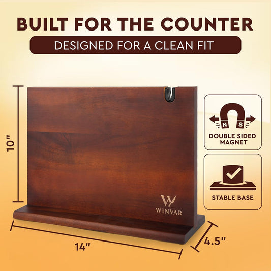 Acacia Wood Magnetic Knife Block with Sharpener — 14 x 10 in Double Sided Magnetic Knife Holder with Built-In Sharpener — Warm Wood Countertop Knife Display Stand for Knives, Scissors, & Tools