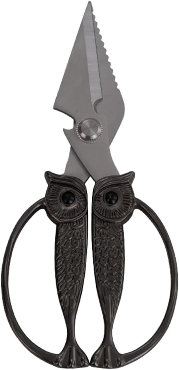 Owl Kitchen Scissors All Purpose, Stainless Steel Heavy Duty Sharp Shears for Meat, Chicken, Fish, Poultry, Herb, Bread (Gun-black, Large)