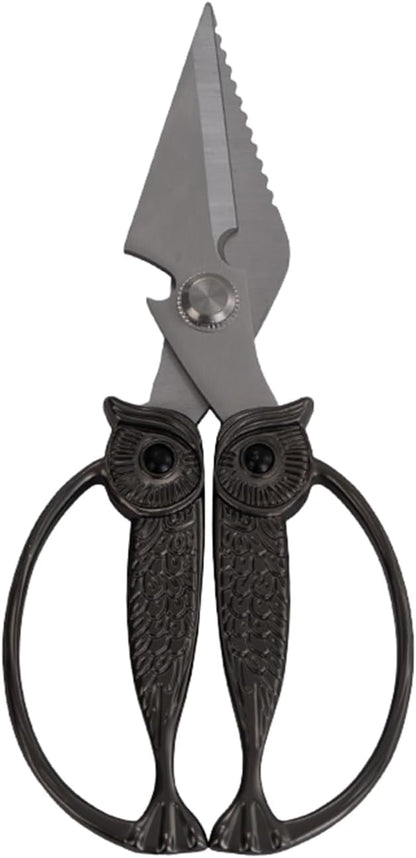 Owl Kitchen Scissors All Purpose, Stainless Steel Heavy Duty Sharp Shears for Meat, Chicken, Fish, Poultry, Herb, Bread (Gun-black, Large)