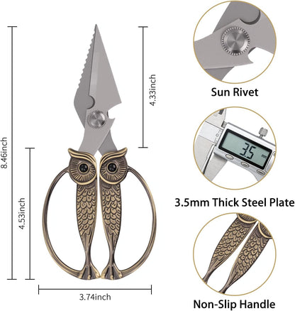 Owl Kitchen Scissors All Purpose, Stainless Steel Heavy Duty Sharp Shears for Meat, Chicken, Fish, Poultry, Herb, Bread (Gun-black, Large)