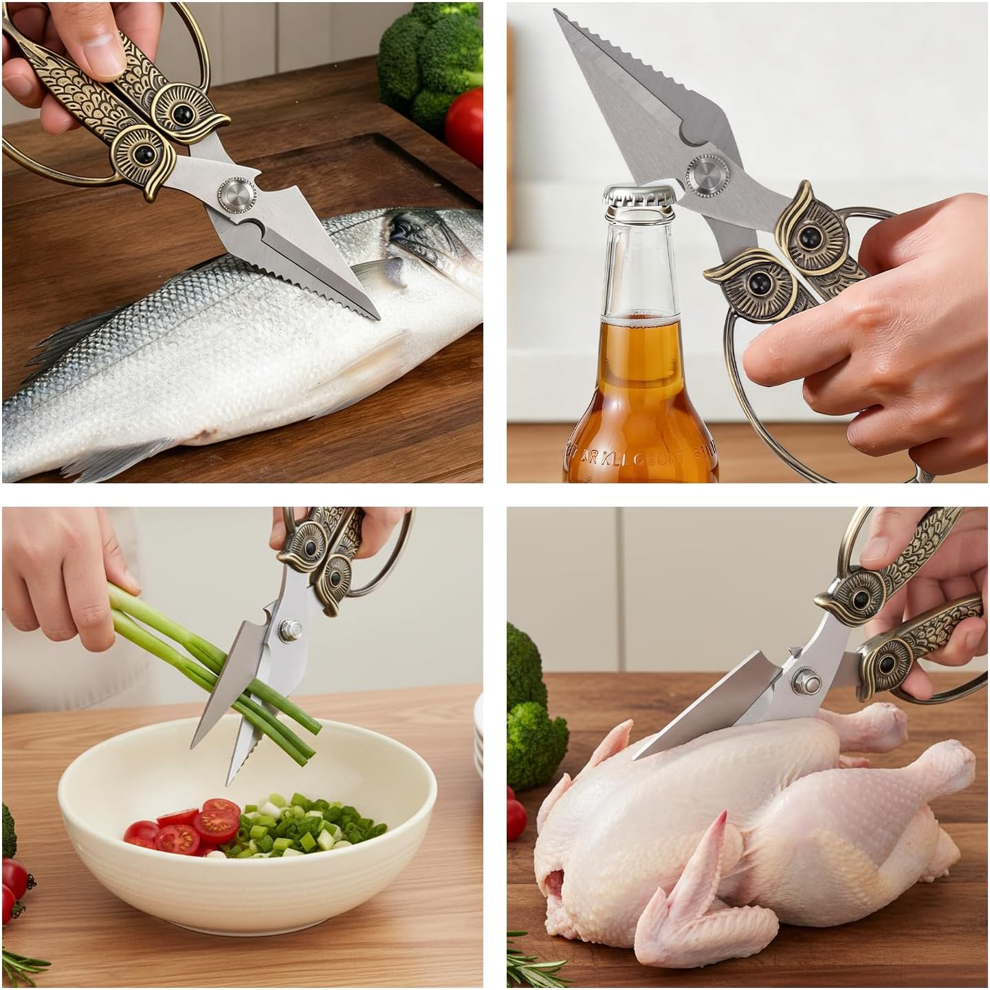 Owl Kitchen Scissors All Purpose, Stainless Steel Heavy Duty Sharp Shears for Meat, Chicken, Fish, Poultry, Herb, Bread (Gun-black, Large)