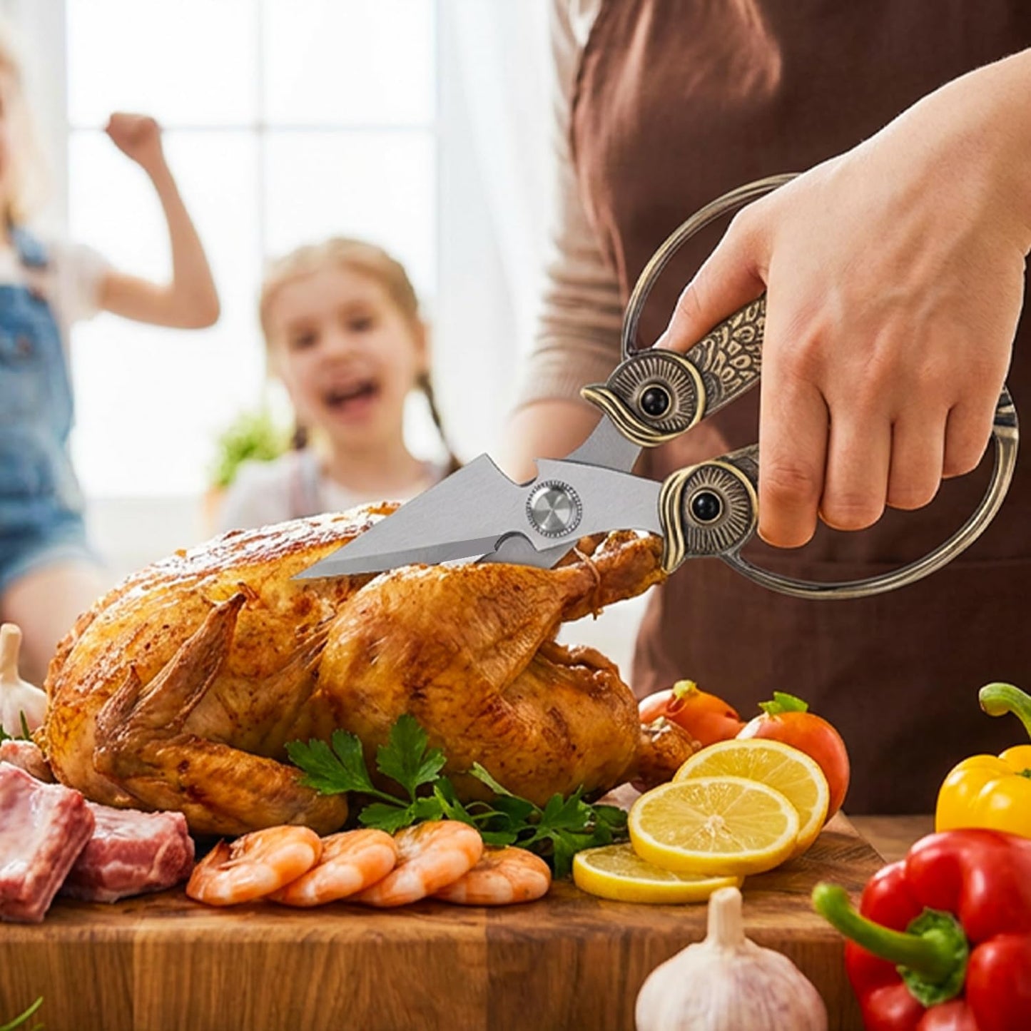 Owl Kitchen Scissors All Purpose, Stainless Steel Heavy Duty Sharp Shears for Meat, Chicken, Fish, Poultry, Herb, Bread (Gun-black, Large)