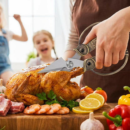Owl Kitchen Scissors All Purpose, Stainless Steel Heavy Duty Sharp Shears for Meat, Chicken, Fish, Poultry, Herb, Bread (Gun-black, Large)