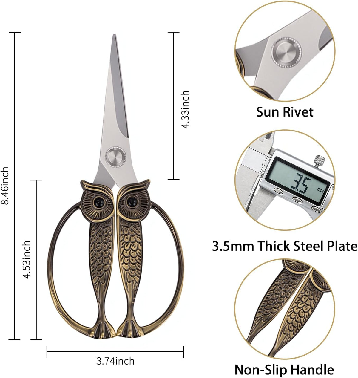 Owl Kitchen Scissors All Purpose, Stainless Steel Heavy Duty Sharp Shears for Meat, Chicken, Fish, Poultry, Herb, Bread (Gun-black, Large)