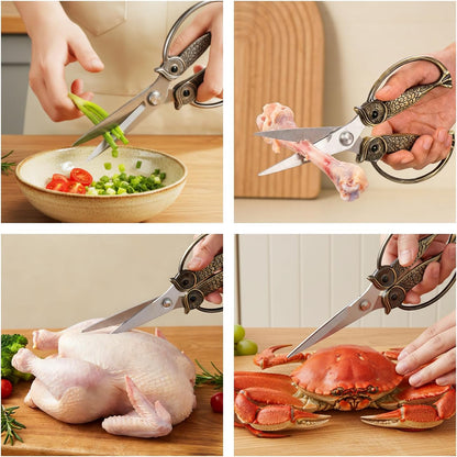 Owl Kitchen Scissors All Purpose, Stainless Steel Heavy Duty Sharp Shears for Meat, Chicken, Fish, Poultry, Herb, Bread (Gun-black, Large)