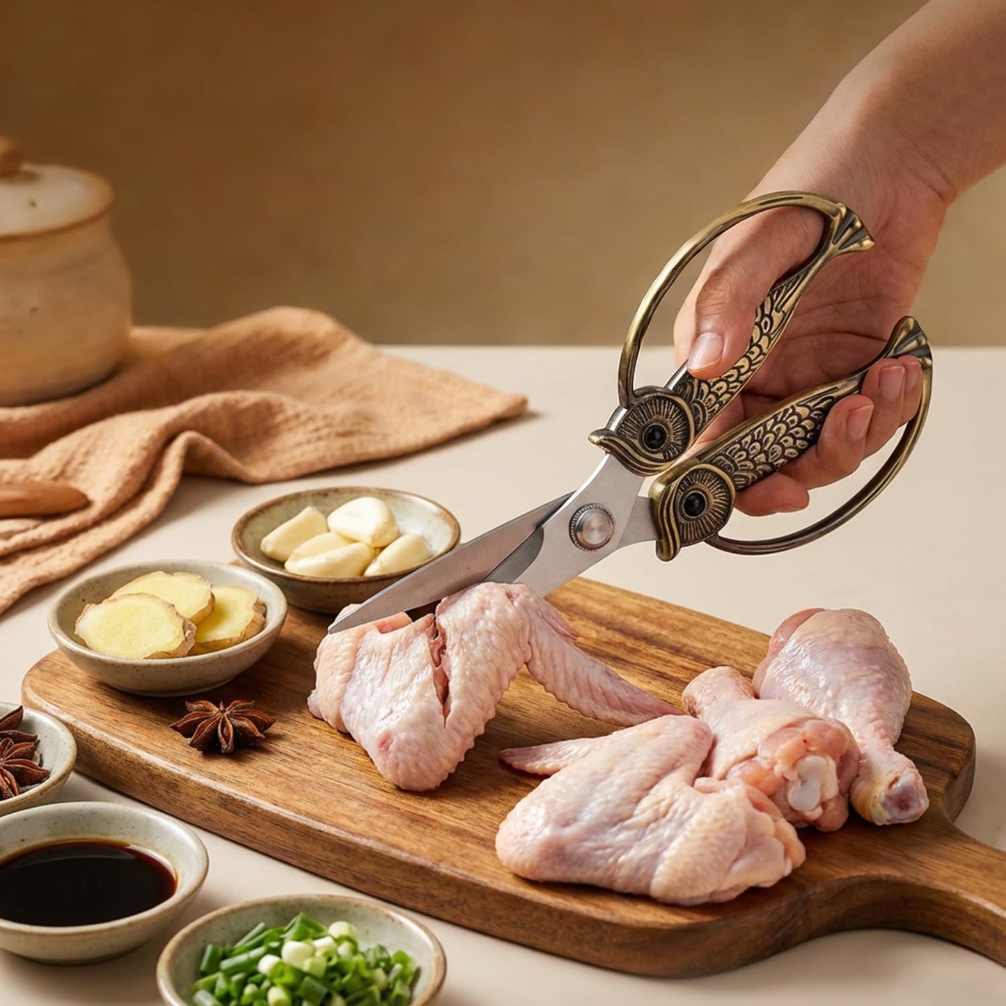 Owl Kitchen Scissors All Purpose, Stainless Steel Heavy Duty Sharp Shears for Meat, Chicken, Fish, Poultry, Herb, Bread (Gun-black, Large)