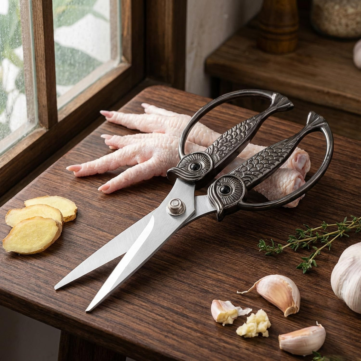 Owl Kitchen Scissors All Purpose, Stainless Steel Heavy Duty Sharp Shears for Meat, Chicken, Fish, Poultry, Herb, Bread (Gun-black, Large)